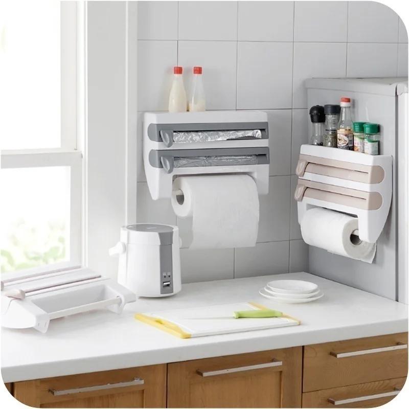 Kitchen Paper Towel Holder Wall-Mount Adhesive Tissue Hanger Sauce Bottle Rack 4In1 Cling Film Cutting Holder Organizer cachi