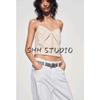 Spring and Summer New Women's Clothing Linen Blended Heart-Shaped Collar Ruched Design Minimalist Camisole Tops 3067028