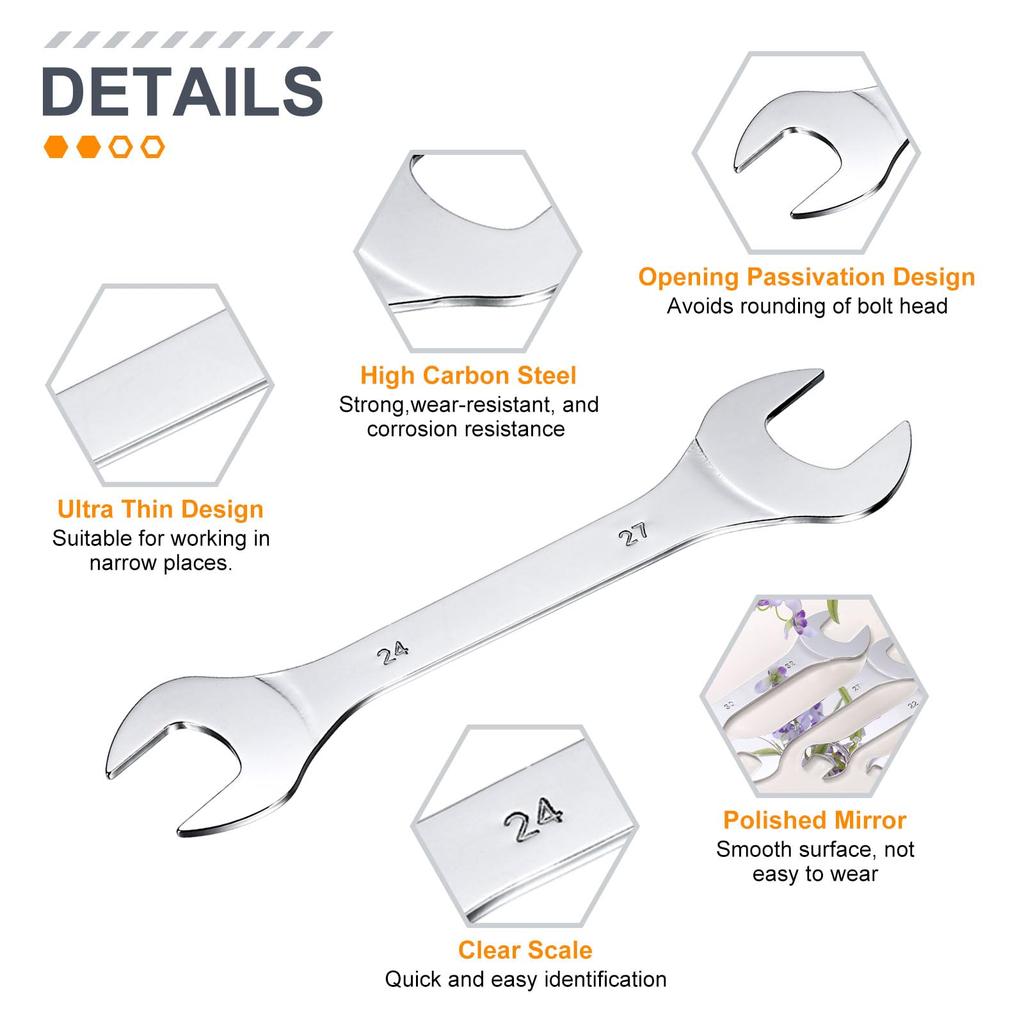 Uxcell Double Thin Wrench Metric Small Flat Head Mirror for Auto Repair and Furniture Assembly 3-Piece Open-End Set, 19x22/20x21/24x27mm, Ultra-Thin,