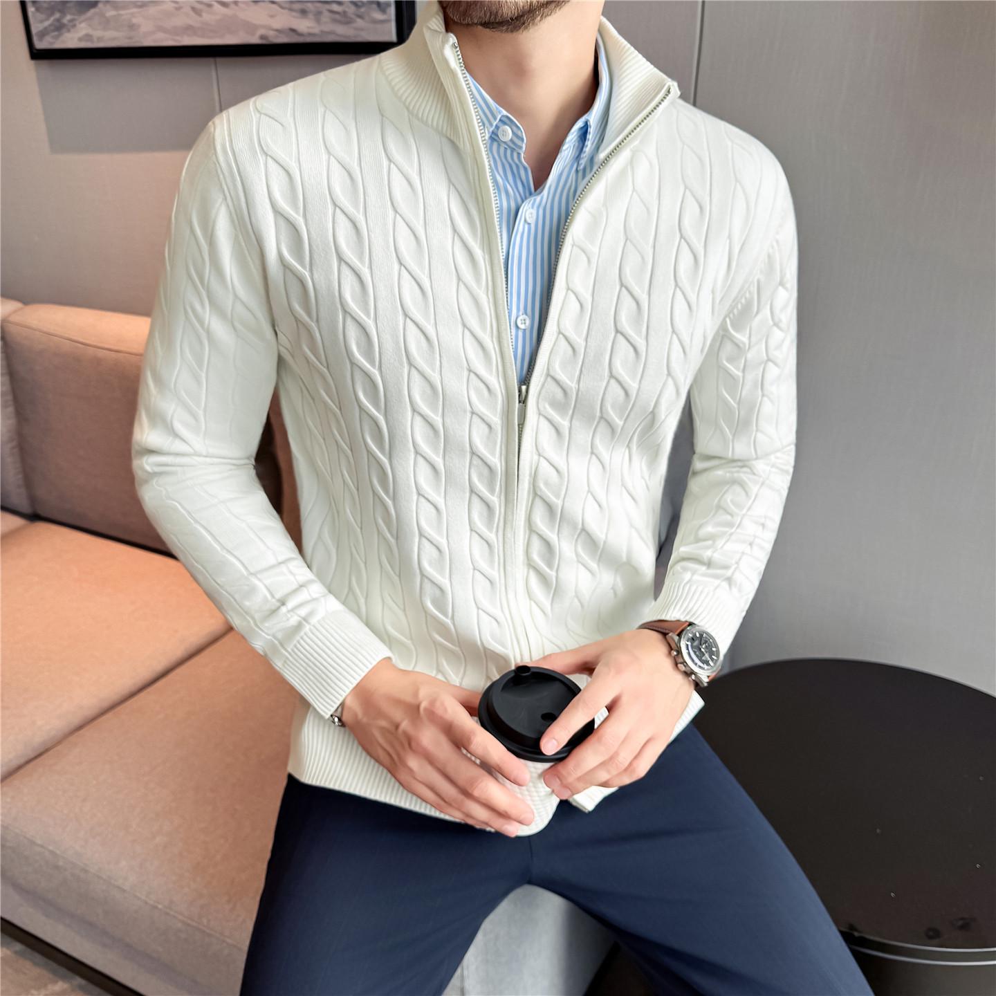

Men s Striped Cable Knit Cardigan Sweater - Half-High Neck, Skin-Friendly 3XL білий