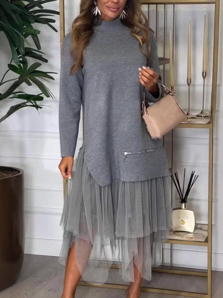 

Повседневное женское платье из сетки пэчворк для осени и зимы 3XL серый