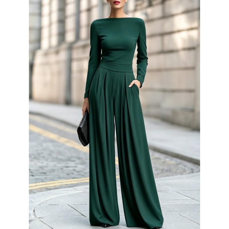Damen Unifarbener High-Neck Langarm Jumpsuit mit weitem Bein 2026 Herbst Winter Eleganter Lässiger Strick-Overall