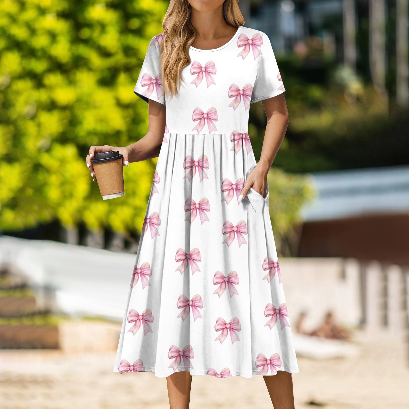 

Women s Casual Print Round Neck Midi Dress Basic Classic Outdoor Everyday Short Sleeve Loose Dress Summer XL білий