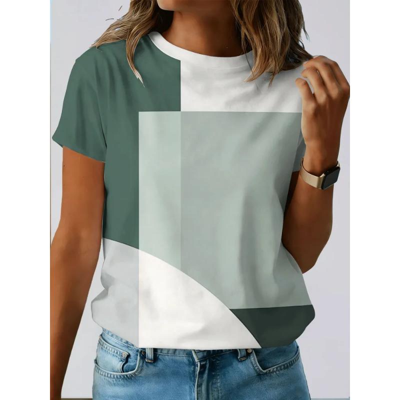 Fashion Women's Crew Neck Short Sleeve 3D Color Printing Striped Short Sleeve Crew Neck T-Shirt
