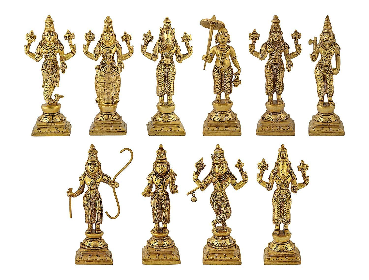 

Lord Vishnu Statues, Ten Incarnations Avatars Idols, Brass, Gold Murti - 6 Inch