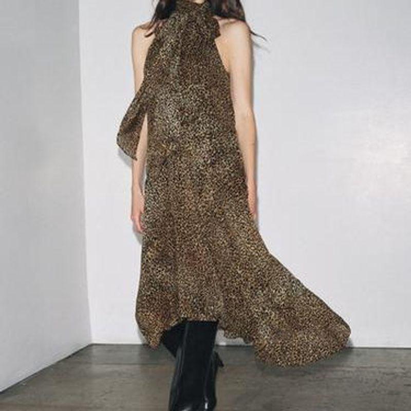 Za Autumn New Women Clothes 2025 Western Style Fashion Temperament Animal Print Neck Collar Dress 8753008