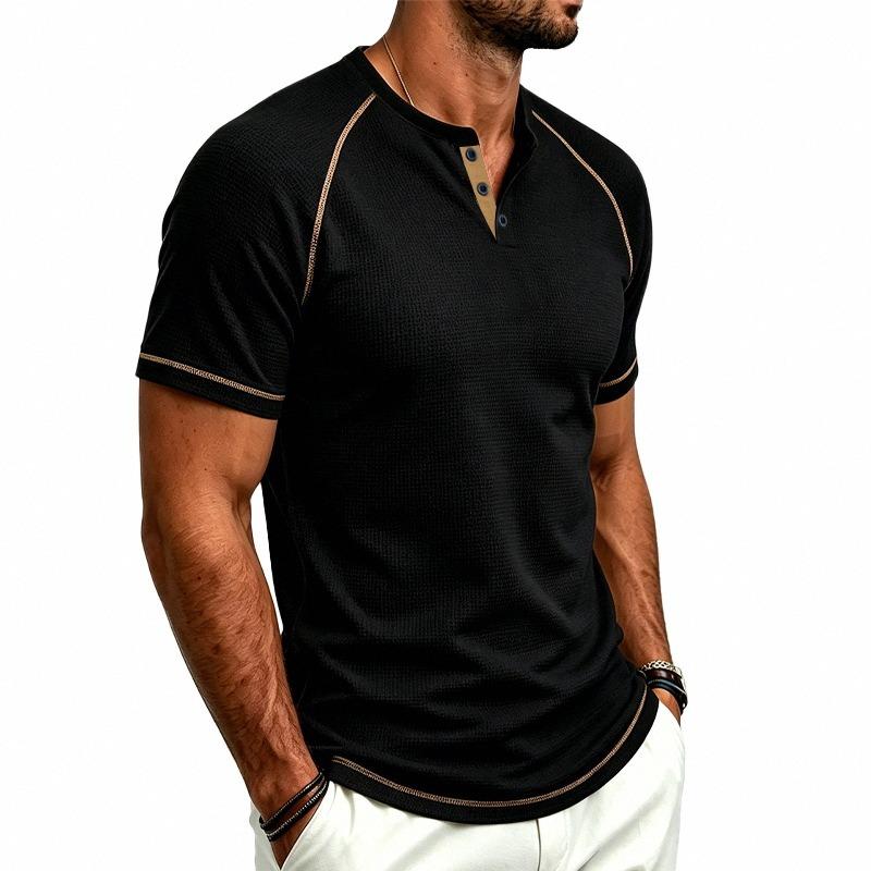Mens Waffle Henley Collar Raglan Short Sleeve Color Block Casual T Shirt