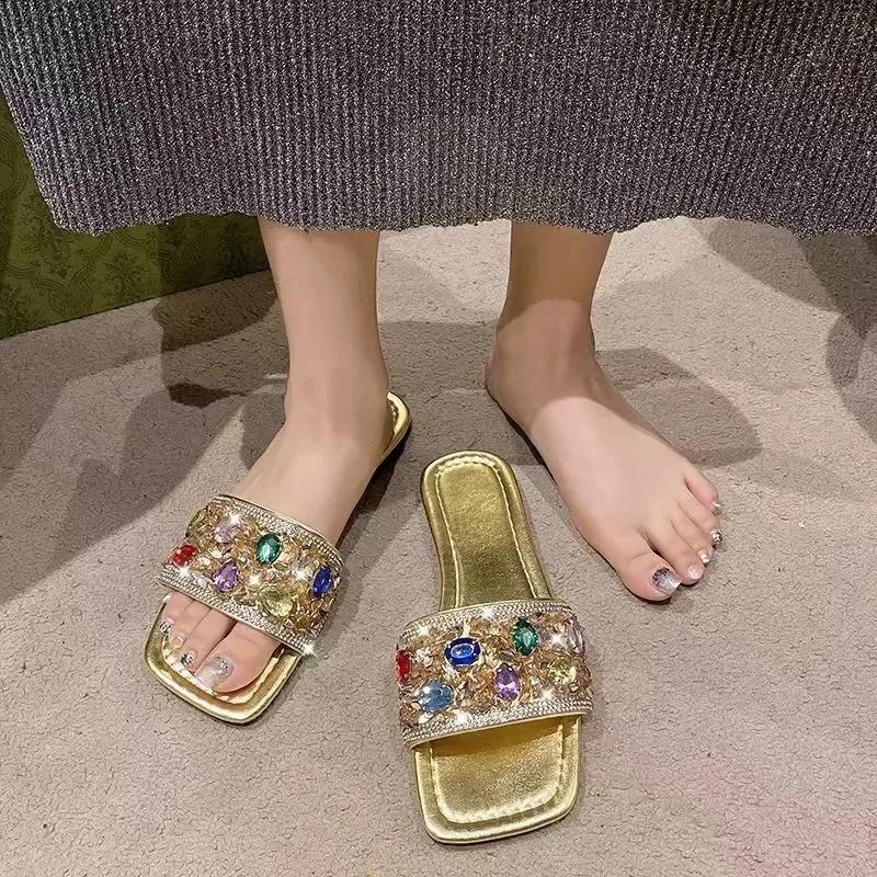 2024 Vară Nou Papuci de Damă cu Cristale Pantofi cu Vârf Deschis pentru Femei Modă Lux Plajă Papuci de Plajă Antiderapanți Femei Zapatos