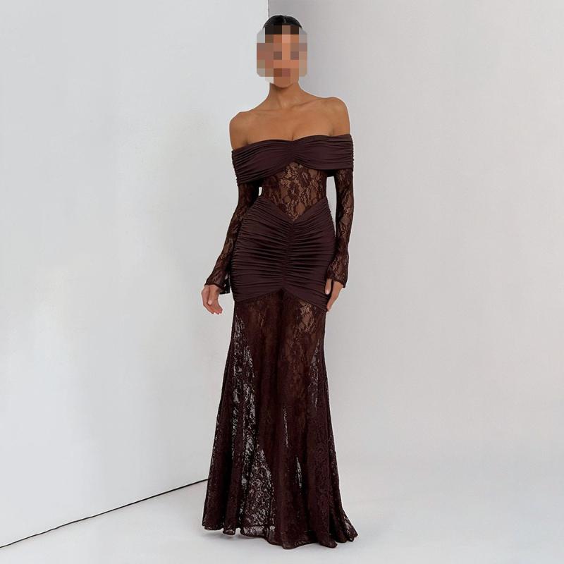 European and American Autumn Temperament Perspective Lace Long Fashion Sexy Sleeveless Backless Slim Fit Dress