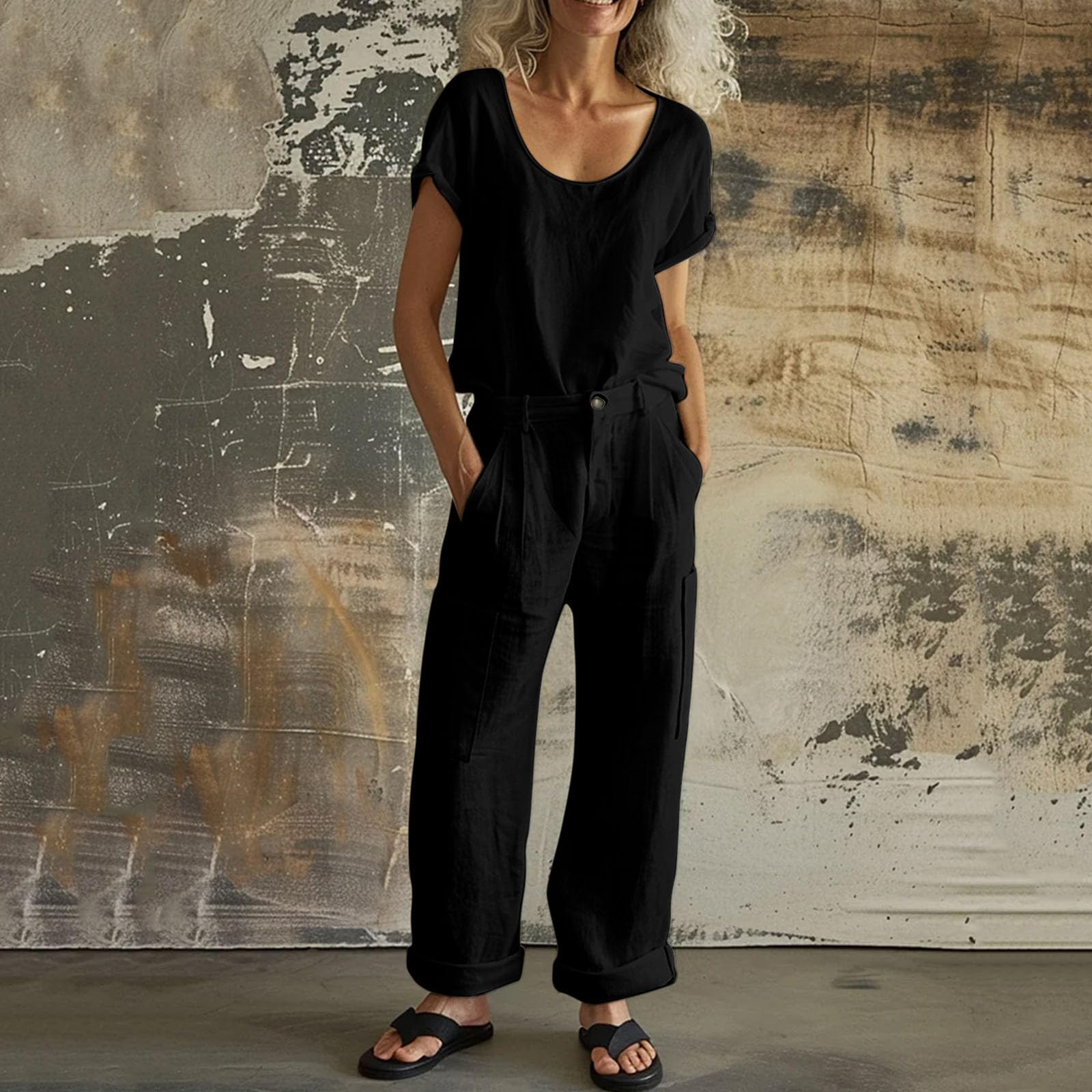 Комплекты из 2 предметов брюк для женщин Хлопок Лен Пляж Путешествия Отпуск Свободные наряды L