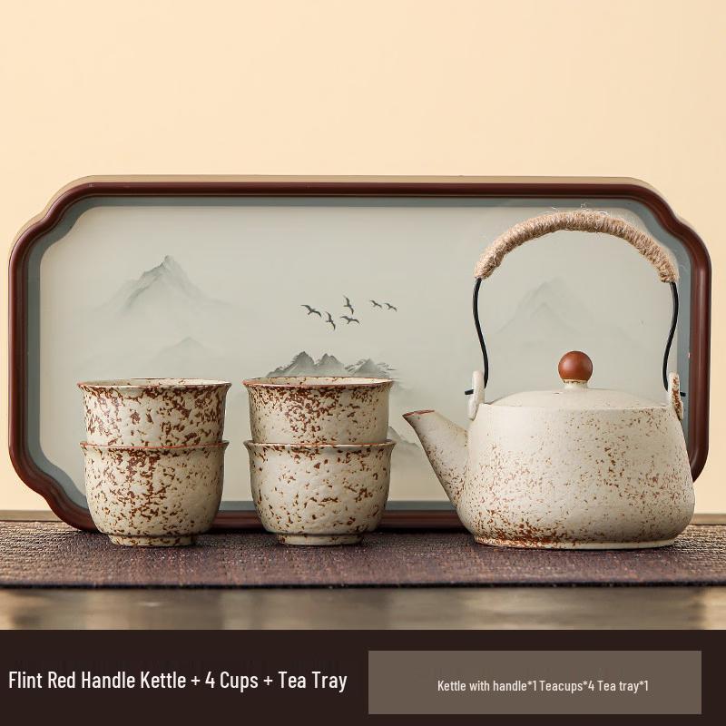 Chaxun Flint Red Teapot Set with 4 Cups and Glass Tray