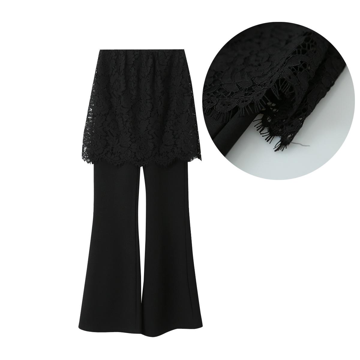

Oufan Korean Style Lace Detail High Waist Flare Pants - Slimming Casual Two-Piece Look S