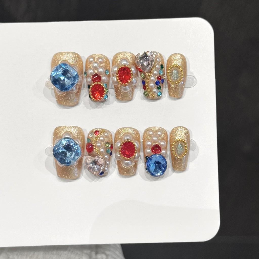 Handmade Press On Nail Heavy Industry Champagne Gold Cat Eye 3D Colored Diamond Light Luxury Short Coffin Fake Nail Patch Artificial Nail Reusable XS