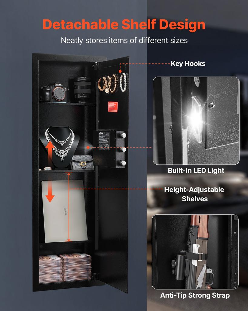 VEVOR Wall Safe, 4-Tier Hidden Wall Mounted Gun Safe with Password & Key, Q235 Cold-Rolled Steel In-Wall Box with LED Lighting