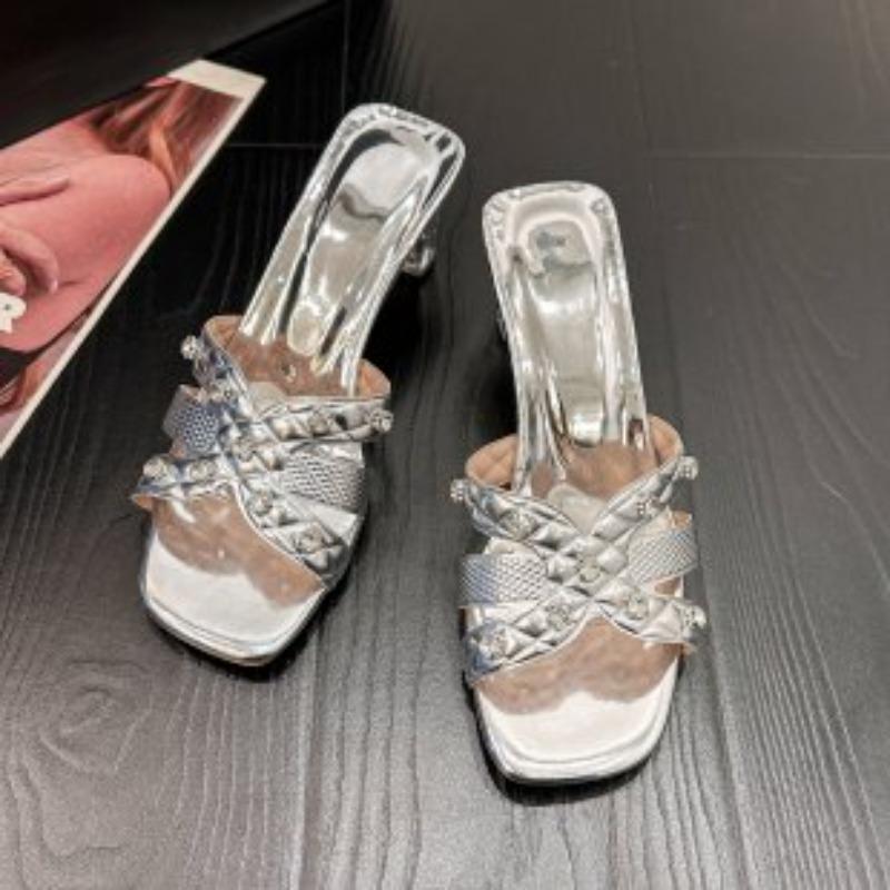 

Fashion 2025 Summer Modern Women s Open Toe Slippers Square Toe High Heels Rhinestones Sandals Fashion Plus Size Dress Party Slippers 35 срібний