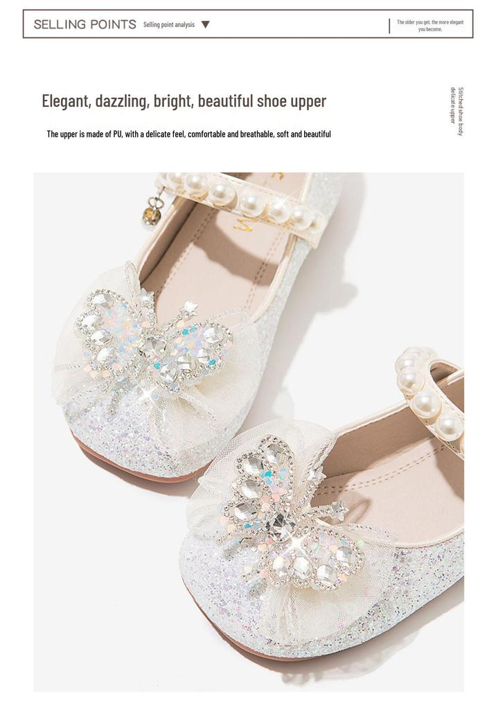 2026 Spring Girls' Princess Leather Shoes with Rhinestone Bow & Soft Sole