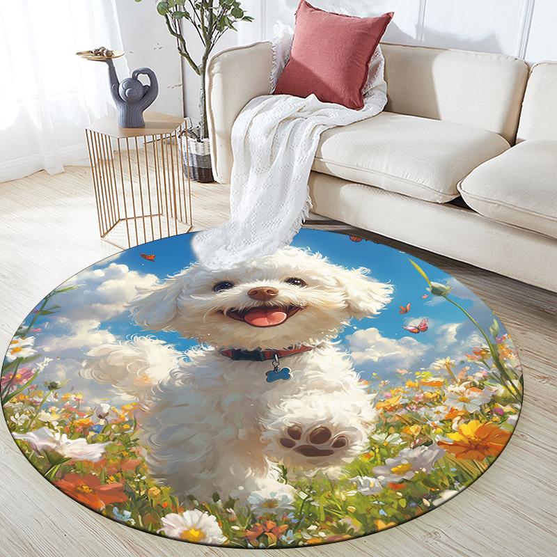 

Bichon and Garden pattern round rug,Carpet Rug for Living Room Bedroom Playroom ,Non-slip Floor Mat,Holiday Gifts and Birthday Gifts. 80cmx80cm