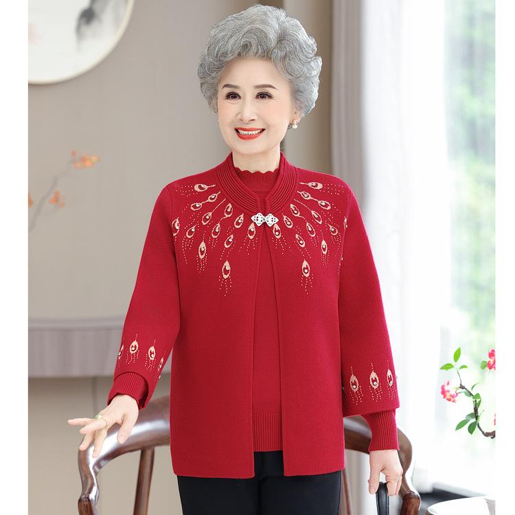 Grandma's Winter Sweater Jacket Mom's Wedding Banquet Two-piece Set Tang Suit Mom's Spring and Autumn Clothes Women's Long-sleeved Knitted Cardigan
