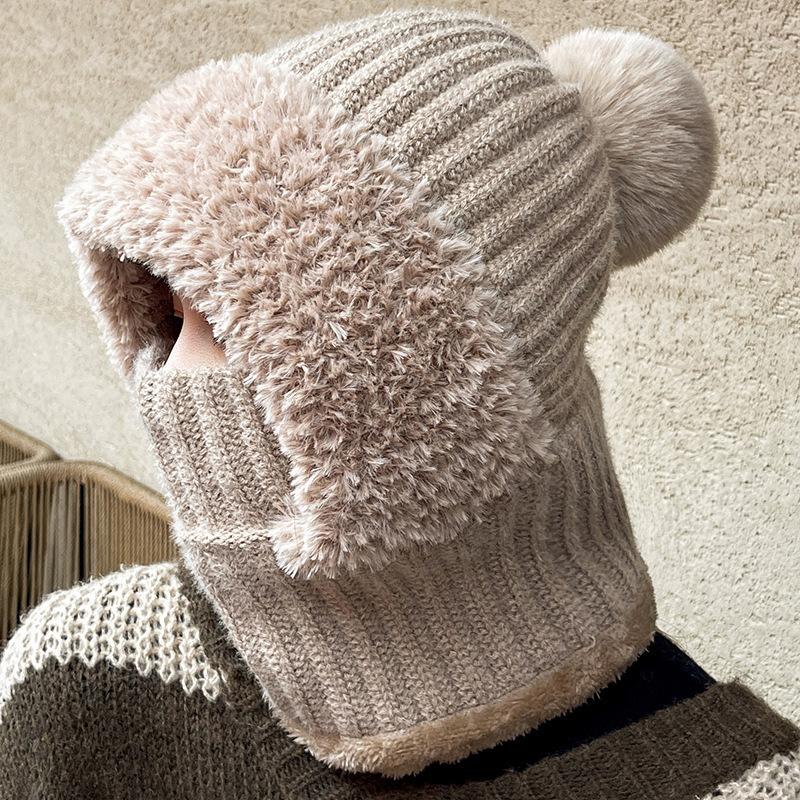 Knitted Hat Thickened and Velvet Hat Scarf Mask One-piece Hat Winter Warm Hat for Women