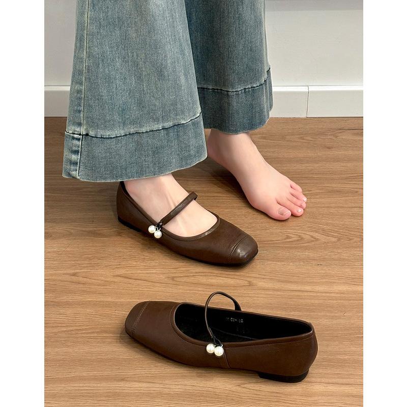 Black Pearl Square Head Flat Shoes French Gentle Evening Shoes Women's Retro Mary Jane Shoes