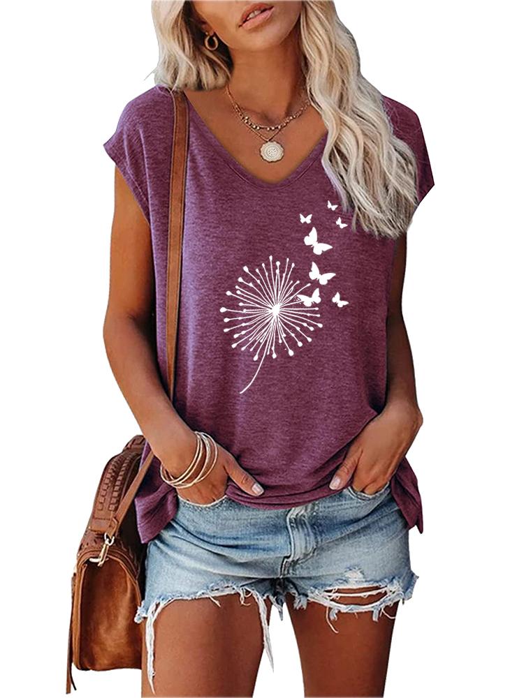 Women Fashion T-shirt Summer V Collar Print Short Sleeve Top Ladies Casual Tee Shirt