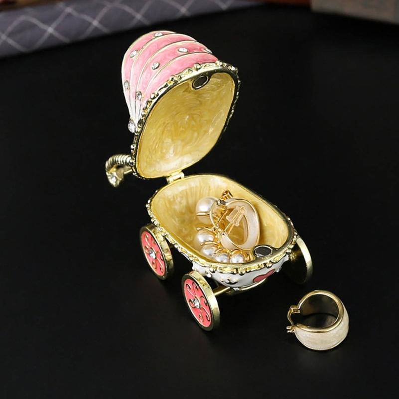 Sturdy Flip Top Enamel Coated Rhinestones Studded Jewelry Organiser Baby Carriage Shape Trinket Storage Box