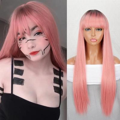Ombre Pink Long Straight Synthetic Fiber Wig Brown Black Red Cosplay Wig for Women Daily Wear Natural Hair