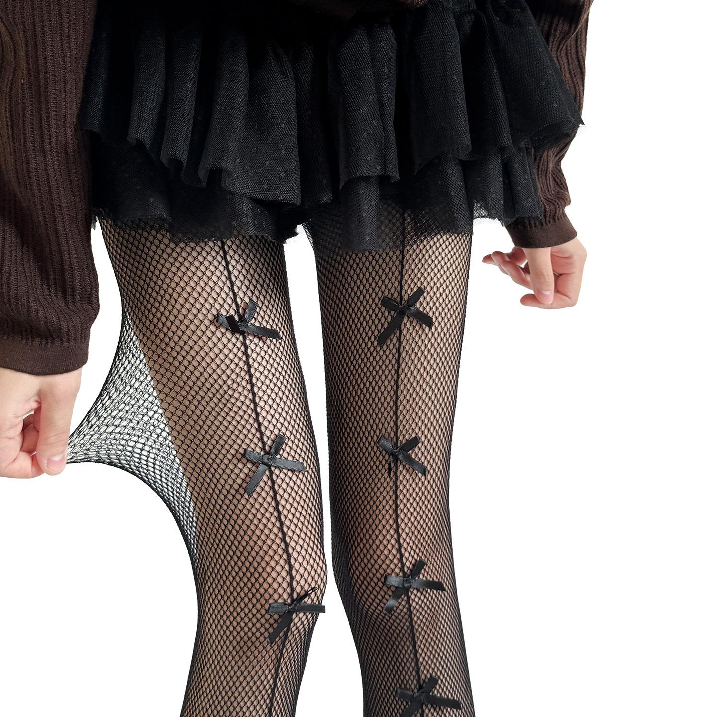 

Brown Fishnet Stockings with Multiple Bows Sexy Sheer Black Tights White Footed Nets Stretchable Legwear Vintage Gothic Lolita One Size чорний