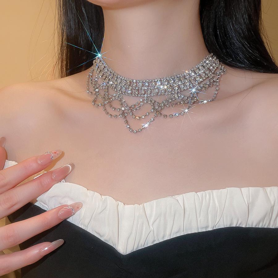 Elegant Rhinestone Lace Tassel Necklace - Multi-Layer Clavicle Accessory for Women