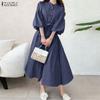 Women Casual Round Neck 3/4 Sleeve Loose Dress