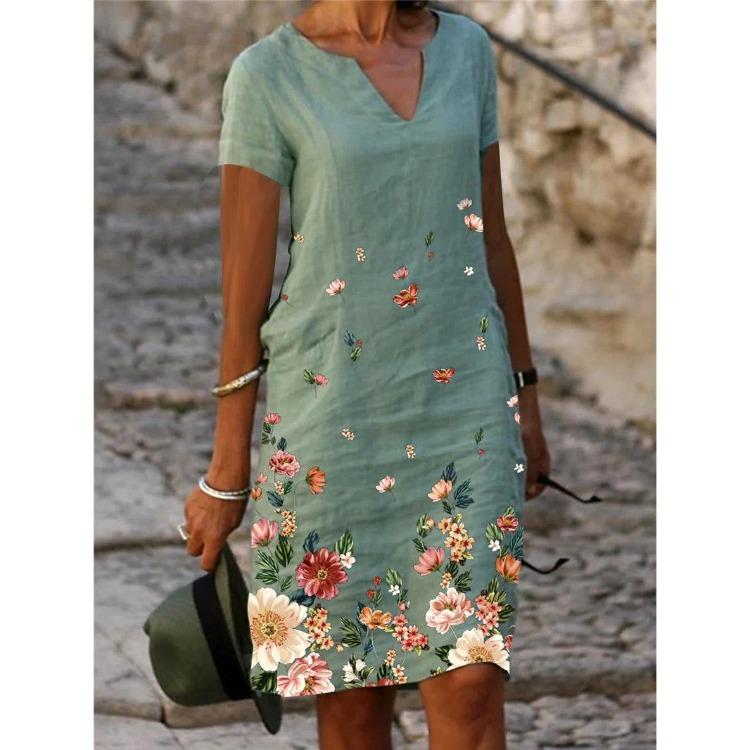 Women Summer Floral Print V Neck Midi Dress Short Sleeve Straight