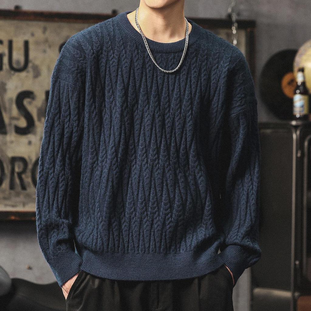 Men's Heavyweight Cable Knit Sweater - Warm, Trendy, Casual, and Versatile Round Neck Knitwear