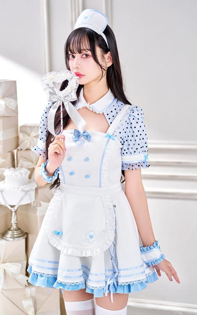 Cosplay White Day Krankenschwester Punkt Weiß Blau Weiß Blau Rüschen Kostüm Verkleidung Marie Moon 6-teiliges Set [Malymoon] 10209-2 (Weiß)