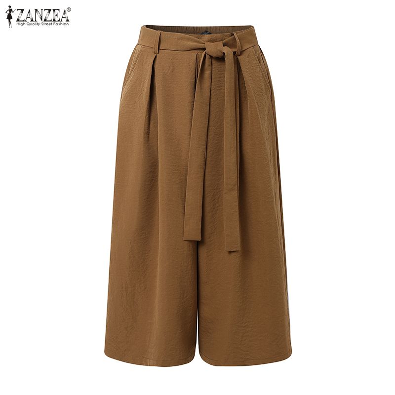 ZANZEA Women Casual Elastic Waist Solid Color Loose Wide Leg Capris Pants