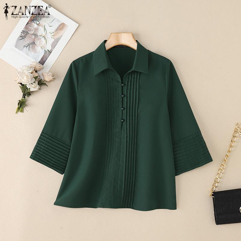 ZANZEA Women Casual Turn Down Collar Solid Color 3/4 Sleeve Blouse