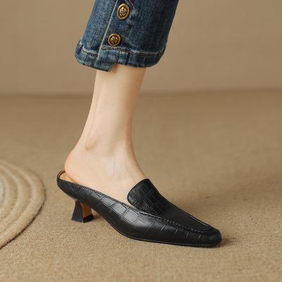 2024 Nye Sommer Ekte Skinn Høyhæl Halvtøfler Kvinner Firkantet Tå Slip-on Mules Dame Mote Kjole Slides Sko Kvinne