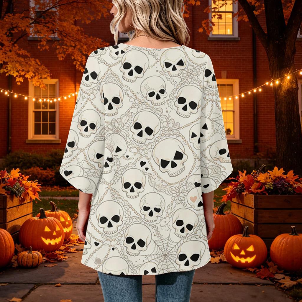 Women's Halloween Print Casual Loose Fit Three-Quarter Sleeve Round Neck Top