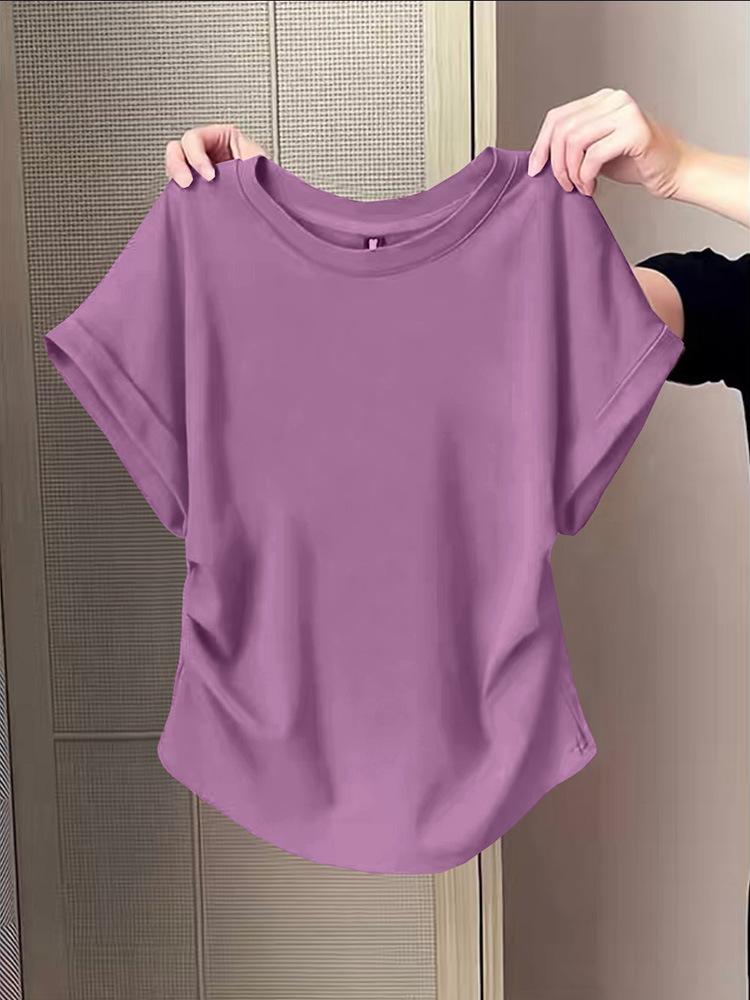 Lotus Root Pink Slimming Cotton T-Shirt for Women, 2026 Style with Cap Sleeves and Cinched Waist.