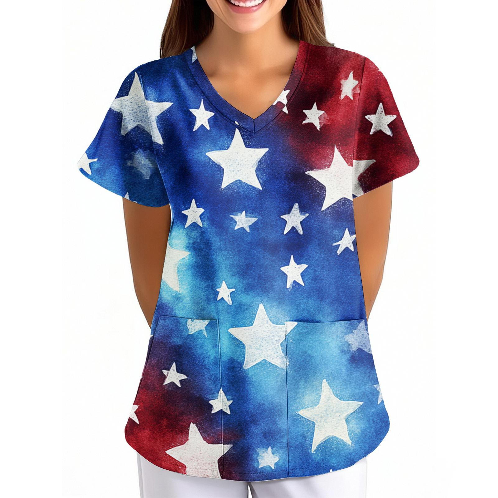 Women s Independence Day Printed Loose V-Neck Pocket Short-Sleeved Clothing M