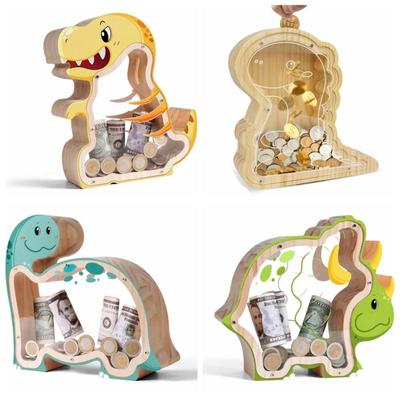 Money Saving Wooden Dinosaur Piggy Banks Transparent Reusable Triceratops Coins Storage Box Sturdy Educational Safe Money Box