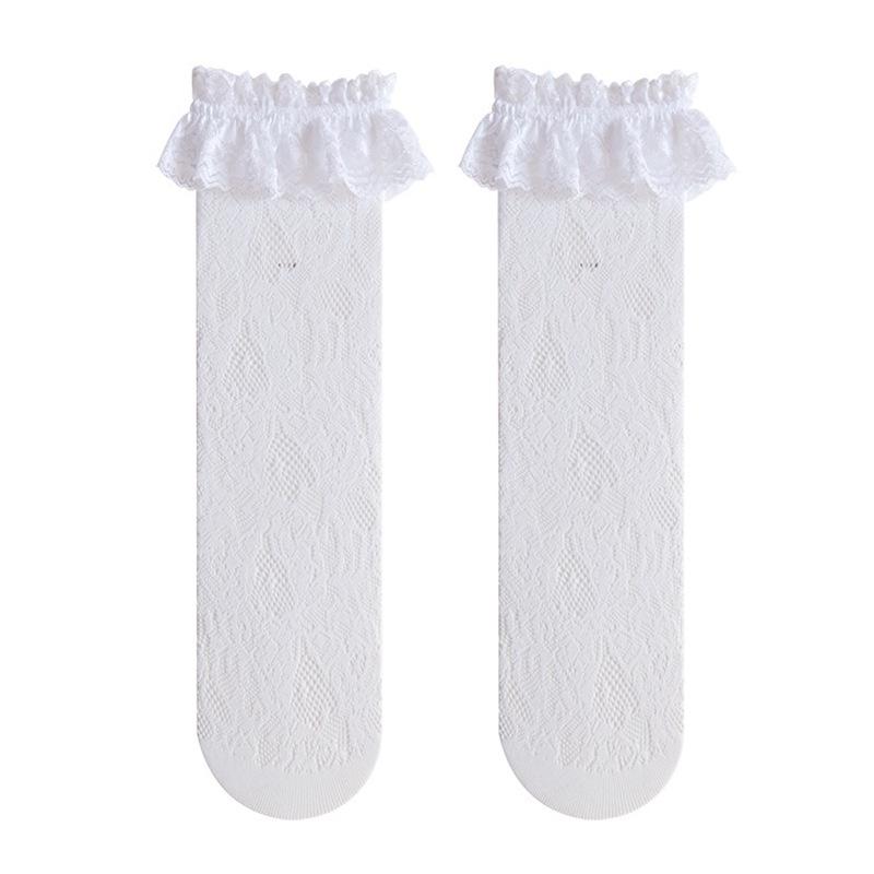 Lace Trim Fishnet Rose-Pattern Mid-Calf Lolita Socks - Women's Cute White Stockings