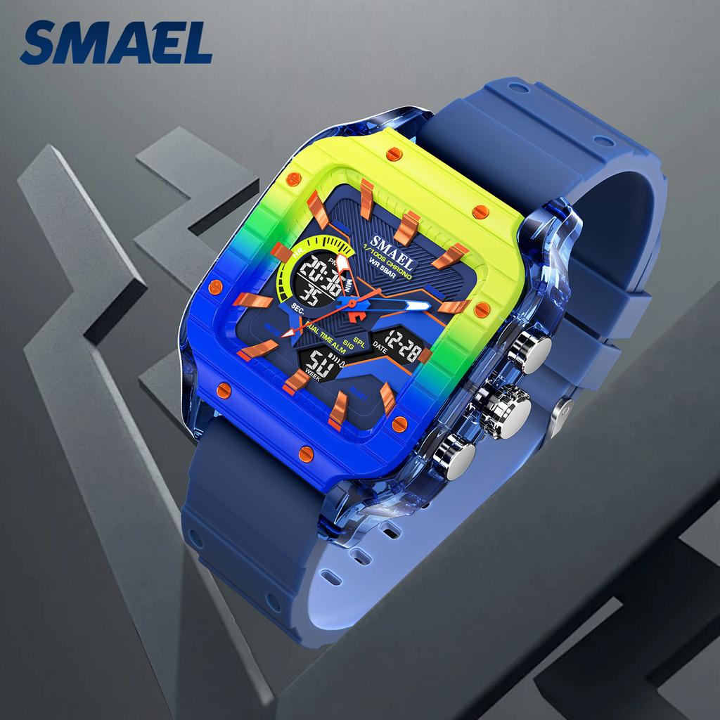 SMAEL 8133 Trendy Mech & Geek Style Men's Dual Display Watch Waterproof Square Multi-function Male Watch Gift