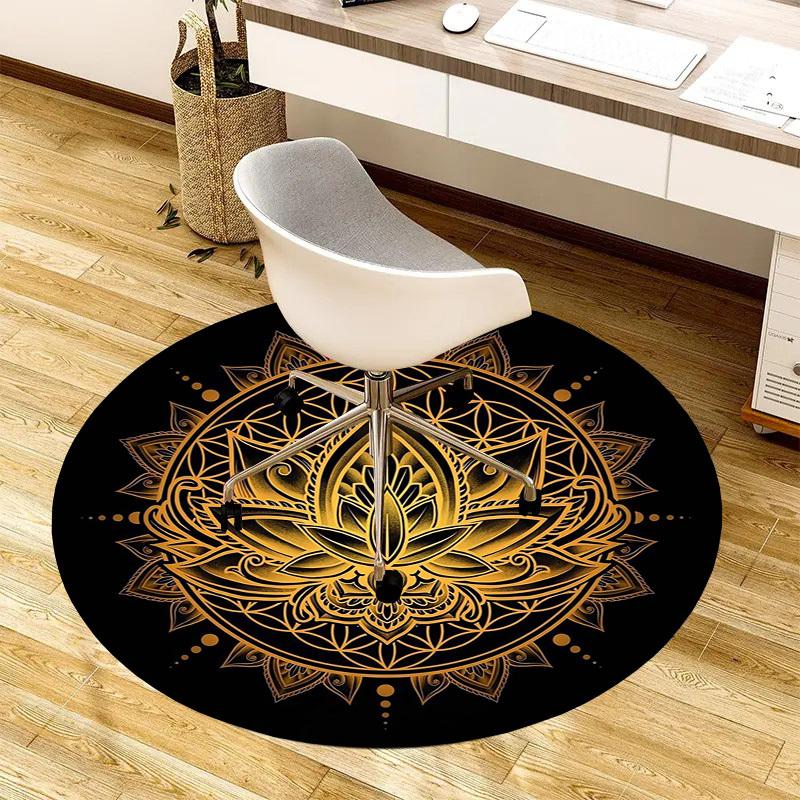 1pc Golden Lotus Mandala Design Round carpet, Made of Polyester,Perfect for Decorating Office Chairs, Living Rooms,Vibrant Decorative Rug