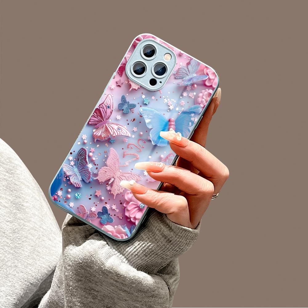 Shining Butterfly Phone Case Metallic Lacquer Tempered Glass Shockproof Cover for iPhone Samsung Huawei Honor Xiaomi Redmi OPPO Realme OnePlus Vivo