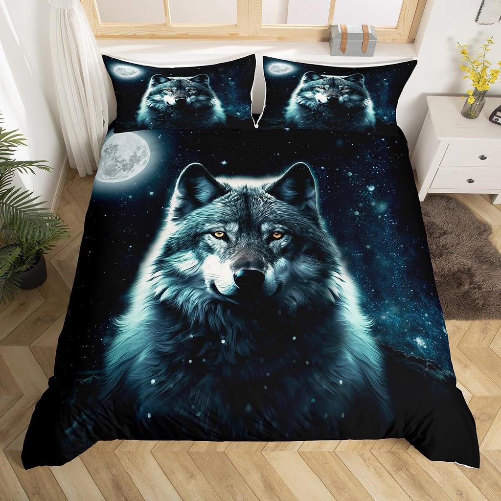 Wolf Sternenhimmel Wald Bedrucktes Bettbezug-Set Bettwäsche-Set für Schlafzimmer Dreiteiliges Set