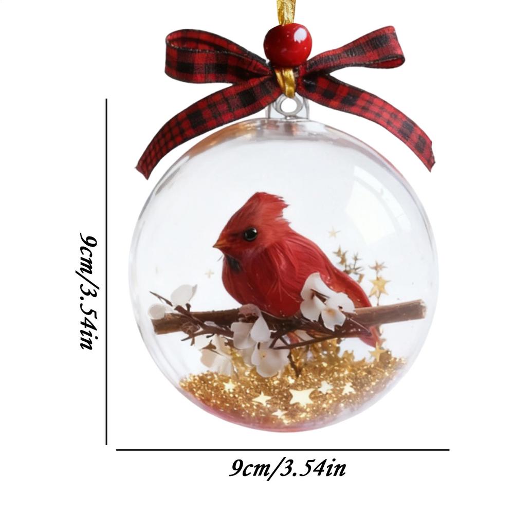 3d transparent bird Christmas ornament crystal ball with realistic hummingbird, red coat sparrow, round Christmas tree pendant