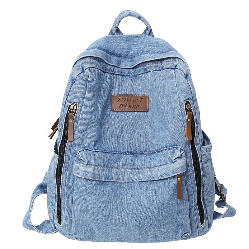

Denim Backpack For Women Men Large Capacity Travel And School Bag With Breathable Fabric синий