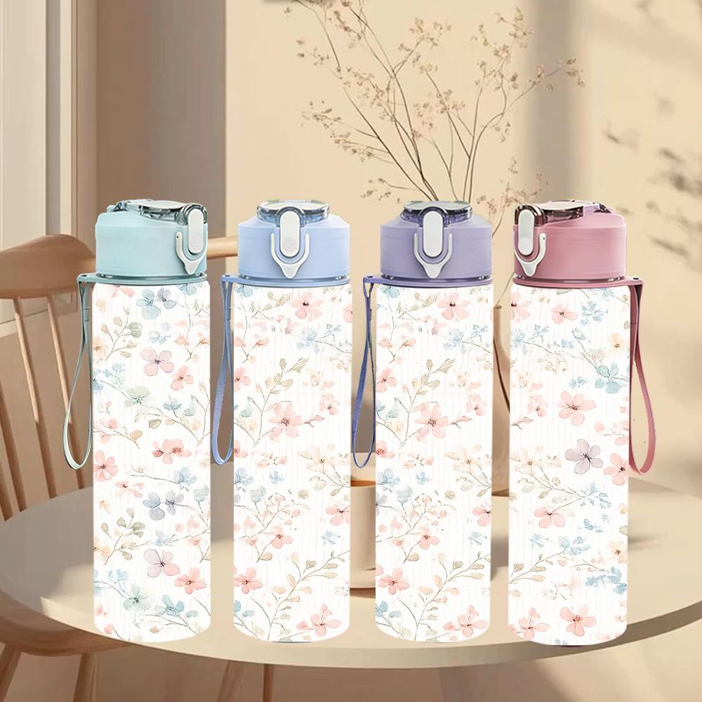 1PC Soft Tiny Floral Seamless Pattern Print 750ml Color Plastic Sports Water Bottle Leakproof Flip Straw Lid Suitable for Sports Office Home Use