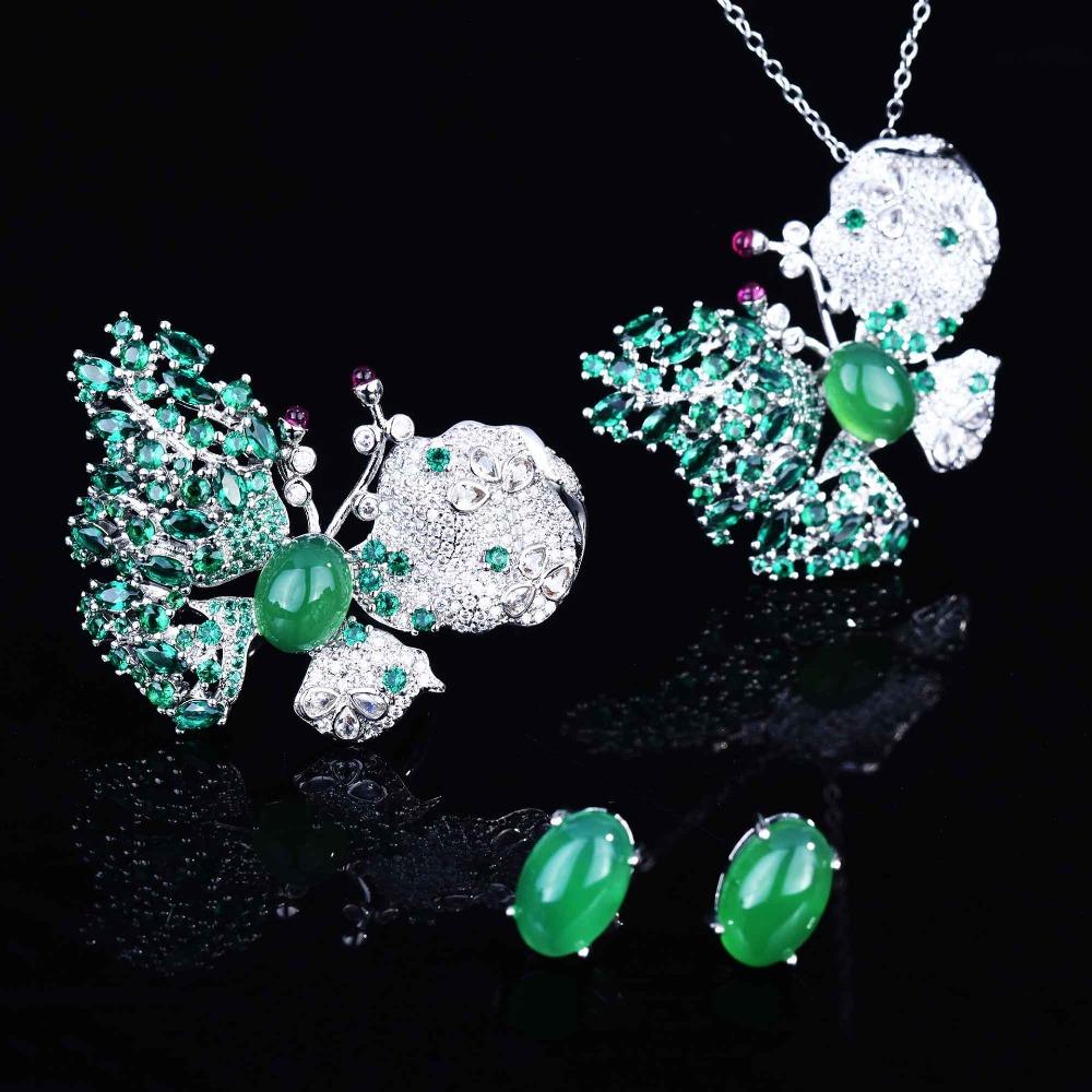 Natural Chalcedony Jewelry Set Butterfly Necklace Open Ring Green Earrings Women Elegant Design