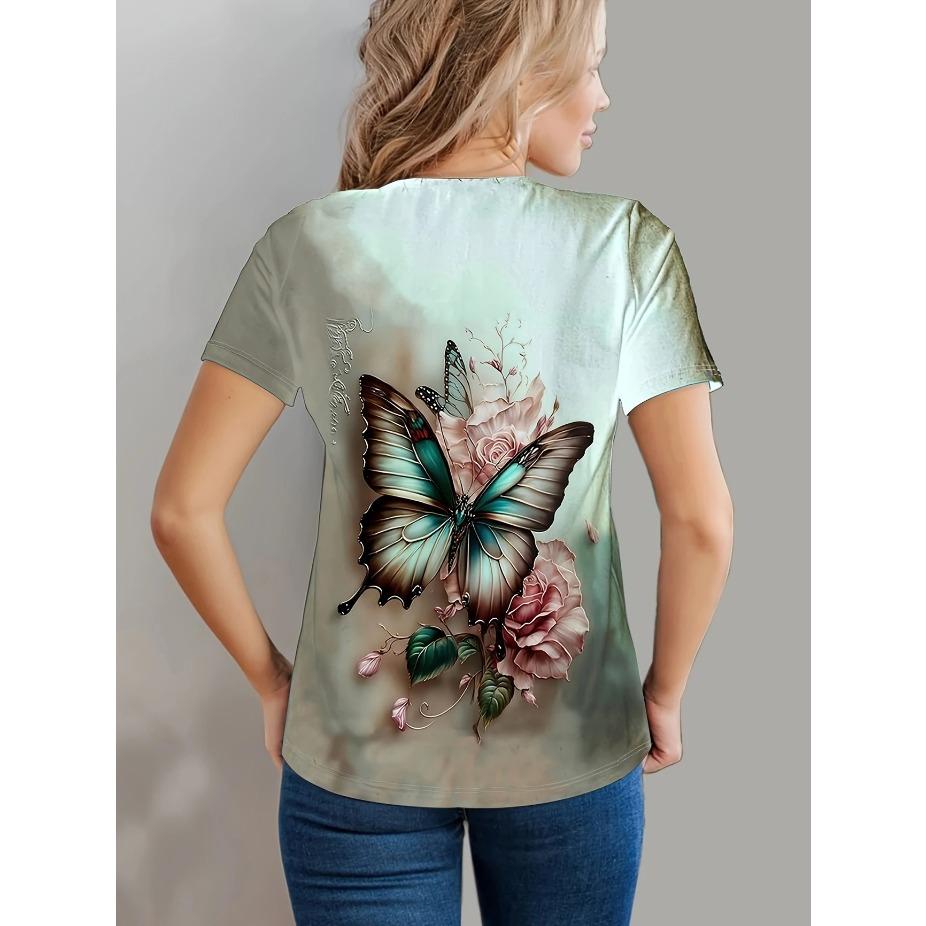 Vibrant Butterfly Print Crew Neck T-Shirt Soft Slight Stretch Polyester Regular Fit Short Sleeve Spring & Summer Womens Casual Clothing